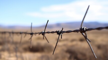 Aufkleber - Close-up view of rusty barbed wire fence against a blurred desert landscape under a pale blue sky, suggesting themes of boundaries, restriction, and arid environments. : Generative AI