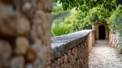Aufkleber - A stone wall pathway leads to a dark archway, nestled within a lush, green Mediterranean garden. Sunlight filters through leaves, casting dappled shadows. : Generative AI