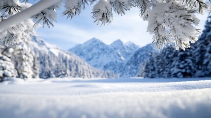 Aufkleber - Snow-covered pine branches frame a stunning view of a snow-capped mountain range on a bright winter day, creating a serene and peaceful winter landscape. : Generative AI