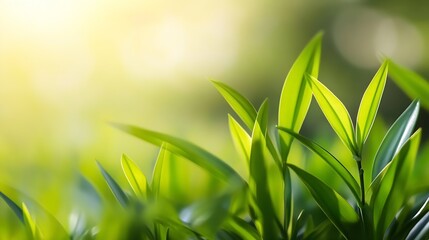Poster - Close-up view of vibrant green leaves illuminated by sunlight, showcasing their intricate details and textures, creating a refreshing and natural scene. : Generative AI