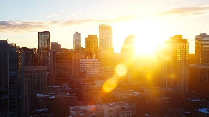 Leinwandbilder - Golden sunset illuminates a dense cityscape, showcasing modern skyscrapers and urban architecture bathed in warm, radiant light. The sun's rays create a dramatic, vibrant glow across t : Generative AI