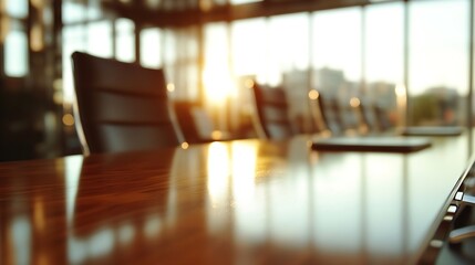 Aufkleber - Empty conference table in modern office with sunset view, reflecting warm light on polished wood surface.  Chairs are blurred in background, suggesting a meeting about to begin or rece : Generative AI