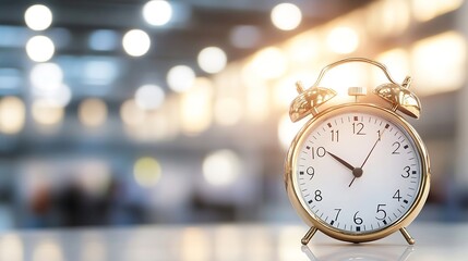 Aufkleber - A gold alarm clock sits on a table, the time is nearly one o'clock, with a blurred background of soft lights and shapes suggesting an office or waiting area. : Generative AI