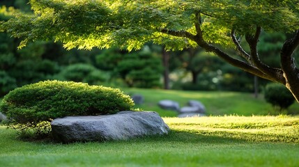 Aufkleber - Serene garden scene featuring a large grey stone nestled beside lush green shrubbery, partially shaded by a graceful maple tree's branches in soft sunlight. : Generative AI
