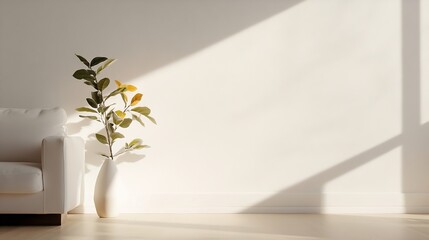 Leinwandbilder - Modern minimalist living room interior with a white sofa, a white vase with a green plant, and sunlight casting shadows on a white wall. : Generative AI