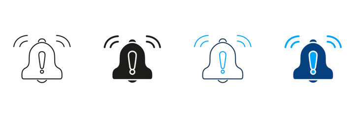 Poster - Bell With Exclamation Mark Line And Solid Icon Set. Alert Notification, Warning Signal, And Reminder Symbol Collection. Communication And Attention-Grabbing Tool. Isolated Vector Illustration