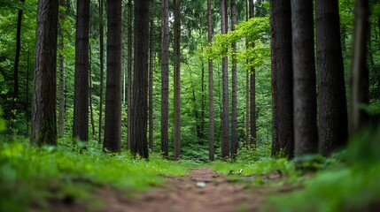 Poster - A sun-dappled path winds through a dense, verdant forest, sunlight filtering through the tall tree trunks creating a tranquil, natural scene. : Generative AI