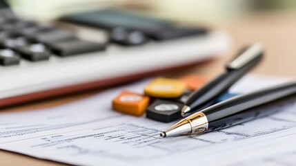 Fototapete - Close-up of two elegant black pens resting on financial documents near a blurred calculator, suggesting business, finance, or accounting concepts. : Generative AI