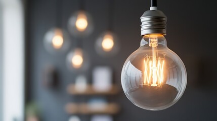 Aufkleber - Close-up of a glowing vintage-style Edison light bulb hanging from a ceiling, with blurred background of a modern interior. : Generative AI