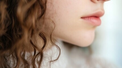 Poster - Close-up profile view of a young woman's face, showcasing her curly brown hair and soft, pink lips.  The image emphasizes natural beauty and skin texture. : Generative AI