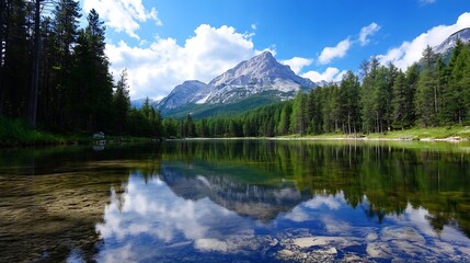 Poster - Serene mountain lake reflecting a majestic peak under a vibrant blue sky, surrounded by lush evergreen forest. : Generative AI