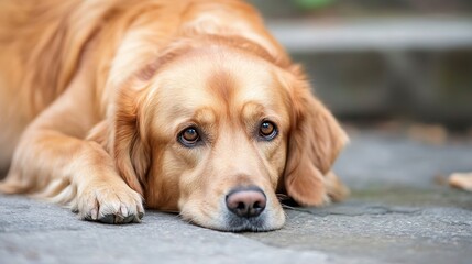Poster - A golden retriever dog rests its head on the ground, its soulful brown eyes gazing forward with a pensive expression.  The dog's fur is a light, golden brown, and its paws are neatly p : Generative AI