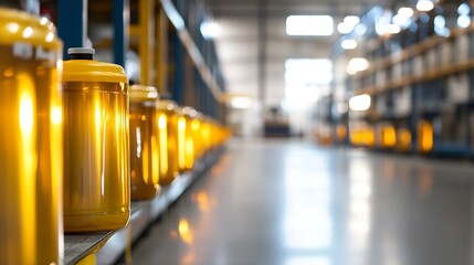 Leinwandbilder - Row of amber-colored plastic containers on shelves in a warehouse, showcasing industrial storage and logistics. : Generative AI