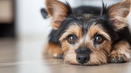 Poster - Adorable small dog, brown and black fur, lying on wooden floor, looking at camera with big, expressive eyes.  Close-up portrait of a cute, fluffy pet. : Generative AI