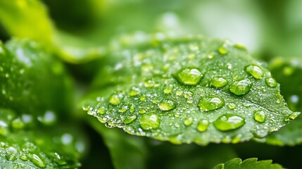 Poster - Close-up view of a vibrant green leaf glistening with numerous water droplets, showcasing the intricate texture and natural beauty of the plant's surface. : Generative AI