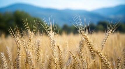 Aufkleber - Close-up view of ripe wheat stalks in a golden field, with a blurred background of blue mountains and green trees under a clear sky. : Generative AI