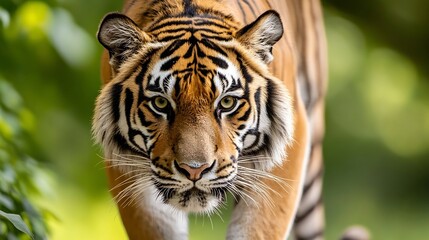 Fototapete - Close-up portrait of a majestic tiger, its intense gaze captivating, set against a blurred green foliage background. The image showcases the animal's striking orange and black stripes, : Generative AI