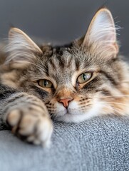Poster - Close-up portrait of a long-haired tabby cat resting its paw on a gray textured surface, showcasing its captivating green eyes and soft fur. : Generative AI