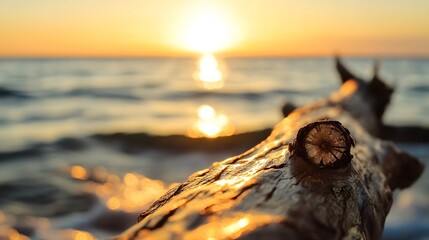 Poster - Golden sunset light illuminates a weathered driftwood log on a tranquil ocean beach, creating a serene and peaceful atmosphere. : Generative AI
