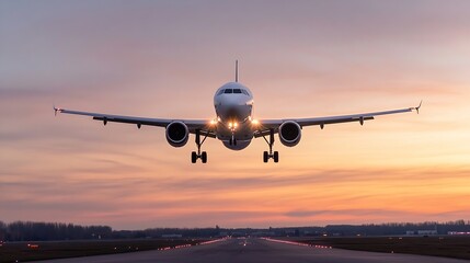 Poster - Airplane landing at sunset, low angle view of a commercial jet approaching the runway during a beautiful twilight sky with soft orange and pink hues. : Generative AI