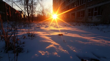 Poster - Sunset illuminates snow-covered ground near a derelict brick building, casting long shadows and creating a dramatic winter scene. : Generative AI