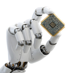Robotic hand holding microchip, on plain white background, clean product photo, isolated item display for commercial use and presentations in high resolution preview image for catalogs and online stor