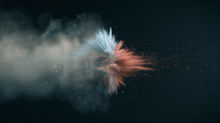 Poster - Powder Blast Collision: A captivating collision of vibrant orange and blue powder, a dynamic display of energy and color, set against a backdrop of a misty cloud. 
