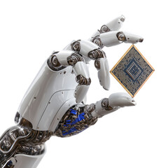 Fototapete - Robotic hand gripping a microchip, symbolizing artificial intelligence and advanced robotics, isolated on white background, futuristic technology and innovation theme - variation 2