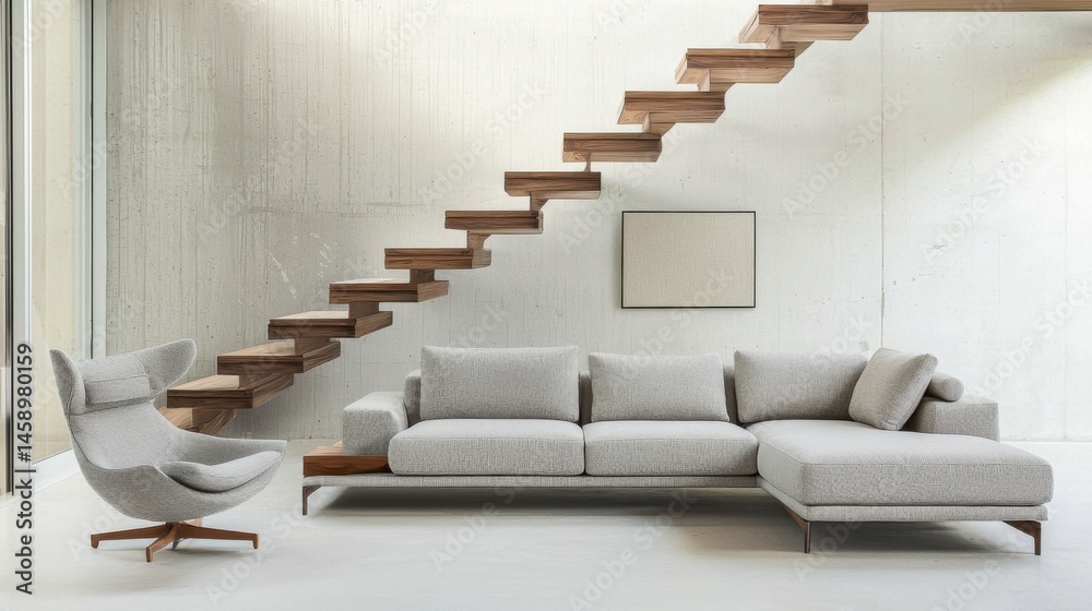 Pale gray sofa, wine chair, wall attached wood staircase, minimal ...