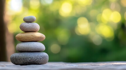 Poster - Serene Stack of Balanced Stones in a Peaceful Green Nature Setting, Ideal for Meditation or Spa Themes. : Generative AI