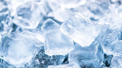 Poster - Close-up view of many translucent ice cubes, glistening with a cool, frosty texture.  The cubes are piled together, creating a dense and refreshing image. : Generative AI