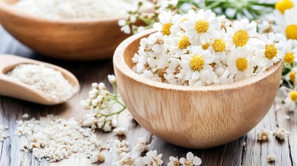 Leinwandbilder - Wooden bowl filled with delicate white yarrow flowers, alongside a scoop and bowl of coarse white salt crystals on a rustic wooden surface. : Generative AI