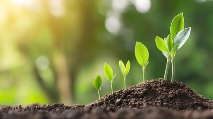 Poster - Four young green seedlings growing in rich dark soil, representing growth, nature, and springtime; a vibrant green bokeh background enhances the image. : Generative AI