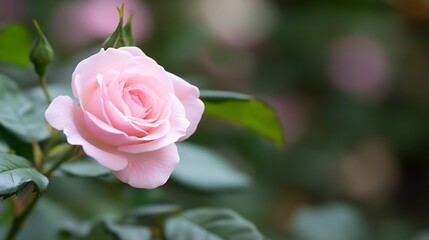 Poster - A single, delicate pink rose in full bloom, its petals softly unfurling against a blurred background of lush green foliage and other rosebuds. : Generative AI