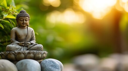 Poster - Serene Buddha statue meditating amidst lush green foliage and smooth stones, bathed in warm sunset light, creating a peaceful and tranquil atmosphere. : Generative AI