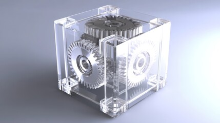 Fototapete - Transparent Cube with Interlocking Gears: A 3D Render of Precision Engineering
