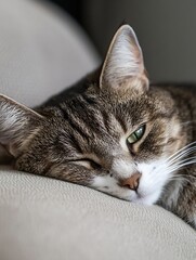 Aufkleber - Close-up portrait of a tabby cat resting its head on a beige fabric surface, one eye half-closed in a peaceful, sleepy expression. : Generative AI