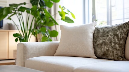Poster - Beige sofa with textured pillows, a large green plant in the background, creating a calm and serene living room atmosphere. : Generative AI