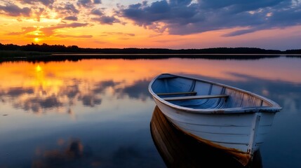 Poster - Serene sunset over a calm lake, a small white rowboat gently floats on the still water, reflecting the vibrant colors of the sky. : Generative AI