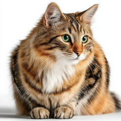 Poster - A beautiful longhaired cat with brown, black, and white fur sits against a white background, its green eyes captivating.