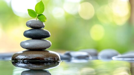 Poster - Serene Stack of Stones with a Sprouting Plant in a Tranquil Water Setting, Reflecting Peace and Harmony in Nature. : Generative AI