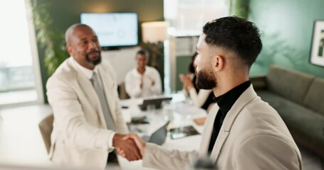 Poster - Businessman, presentation and handshake with clapping for meeting approval or company deal, welcome or support. men, women and onboarding in conference room for b2b growth, proposal or partnership
