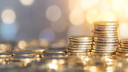 Poster - Close-up shot of three stacks of gold coins, increasing in height, against a bokeh background of warm, soft light, symbolizing financial growth and wealth. : Generative AI