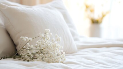 Aufkleber - Delicate white gypsophila flowers rest on crisp white bedding, creating a serene and peaceful bedroom scene.  Soft natural light illuminates the scene, enhancing the tranquil atmospher : Generative AI