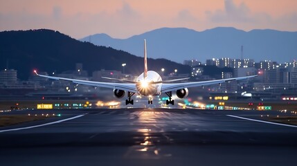 Poster - Airplane landing at dusk, approaching runway lights with city skyline and mountains in the background.  The aircraft is in focus, creating a dramatic scene. : Generative AI