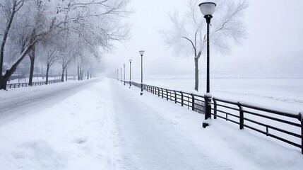 Poster - Snowy winter pathway along a frozen river, lined with snow-covered trees and lampposts, creating a serene, cold atmosphere. : Generative AI