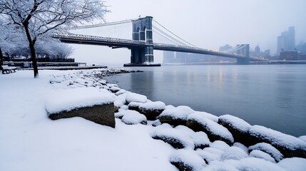 Aufkleber - Snow-covered Brooklyn Bridge in winter, viewed from a snow-dusted park with a calm river in the foreground.  City skyline visible in the background. : Generative AI
