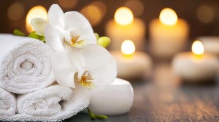 Aufkleber - Serene spa setting with rolled white towels, delicate white orchids, and softly glowing candles creating a relaxing atmosphere. : Generative AI