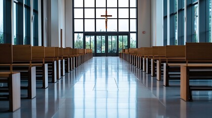 Aufkleber - Empty church pews facing a large window and crucifix, showcasing modern architecture and a serene atmosphere. : Generative AI