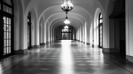 Fototapete - A long, elegant hallway with arched ceilings, large windows, and ornate chandeliers, leading to a grand doorway at the far end. : Generative AI
